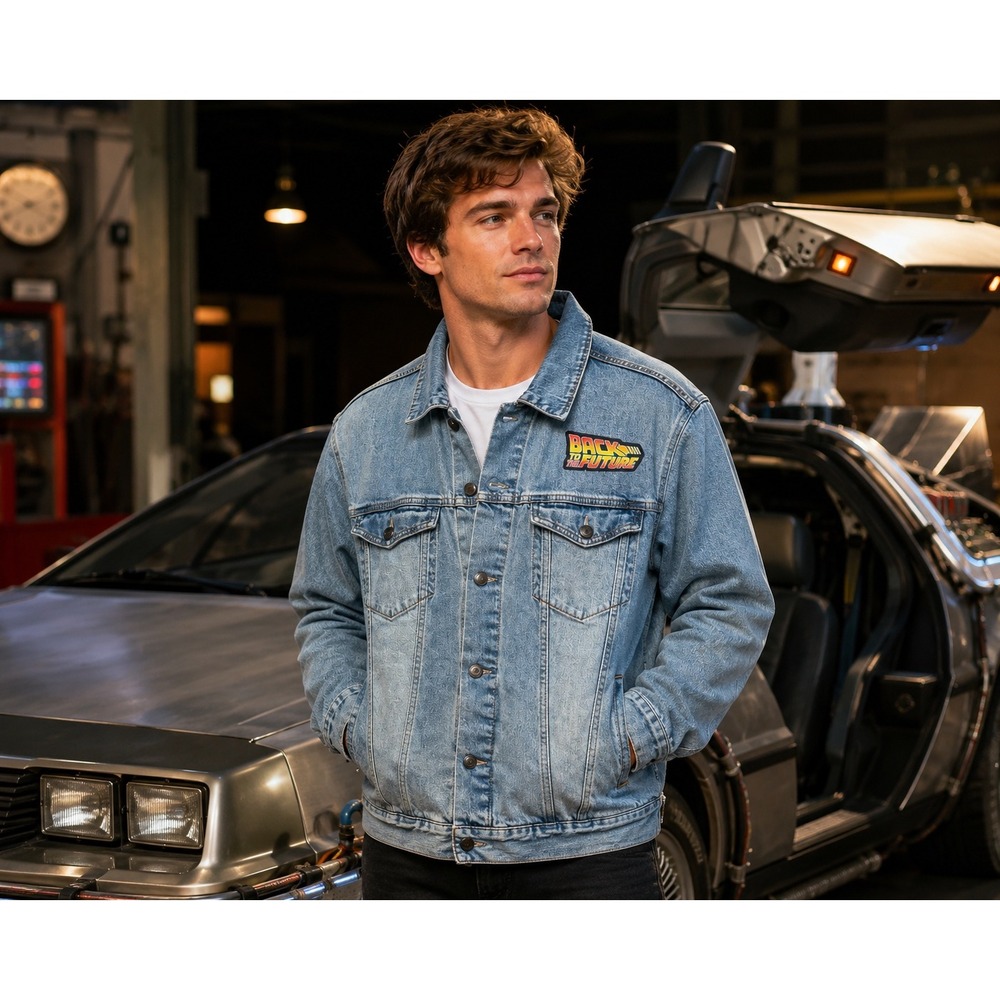 Universal Studios Denim Jacket Mens 2XL Blue Good Back to the Future Outa Time